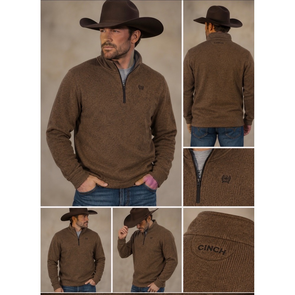 CINCH 1/4 Zip Pullover Mens XL Brown Ribbed Knit Western Long Sleeve Sweater